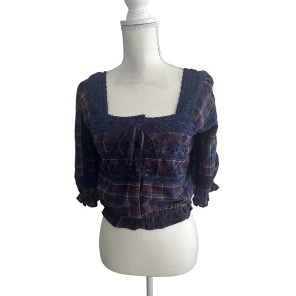 ABERCROMBIE & FITCH Navy Blue Plaid Peasant Top Size Small NEW NWT - Picture 6 of 6